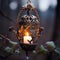 a candle is lit in an ornate lantern hanging from a branch