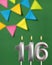 Candle number 116 birthday - Green anniversary card with pennants