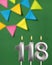 Candle number 118 birthday - Green anniversary card with pennants
