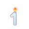 Candle number one. 1 symbol. Burning candle. Cartoon realistic vector candle number for Birthday cakes