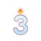 Candle number three. 3 symbol. Burning candle. Cartoon realistic vector candle number for Birthday cakes