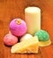 Candle, soap, bath bombs on the wood