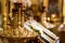 Candlelight in christian church, wedding ceremony, glans, altar, crucifix