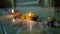 Candlelight flickers on flower offerings at Buddhist temple ritual. Devotees perform evening prayers, serene ambiance