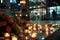 Candlelight vigil with flowers on urban street at night