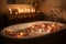 candlelit bathtub surrounded by candles and fresh blooms