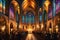 Candlelit Cathedral Interior During a Solemn Mass: Precisely Aligned Pews Filled with Devoted Attendees