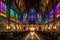 Candlelit Cathedral Interior During a Solemn Mass: Precisely Aligned Pews Filled with Devoted Attendees