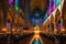 Candlelit Cathedral Interior During a Solemn Mass: Precisely Aligned Pews Filled with Devoted Attendees