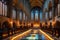 Candlelit Cathedral Interior During a Solemn Mass: Precisely Aligned Pews Filled with Devoted Attendees