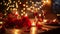 A candlelit dinner setup for Valentine\\\'s Day, with flickering candles, red roses