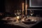 candlelit dinner for two, with glasses of wine and silverware on the table