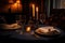 candlelit dinner for two, with glasses of wine and silverware on the table