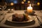 Candlelit roast steak on a table close-up