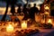 candlelit table with appetizers and drinks at an evening event
