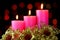 Candles are bright and gold flowers on the background of Christmas New year lights, applicable for design, layout and creativity.