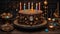candles on the cake A steampunk birthday cake decorated with colorful sprinkles and candles. The cake is a metal