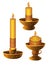 Candles in candlesticks. Set of burning wax candles in candlesticks. Candles in candlesticks made of traditional materials.