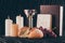 candles, chalice, holy bible, bread and grapes