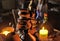 Candles and interior medieval tavern,