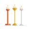 Candles placed on different candlesticks. Gold, silver and wood