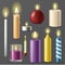 Candles realistic 3d set wax candle fire flame light beeswax taper on transparent background vector