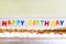 Candles spelling Happy Birthday sticking in a cookie cake