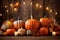 Candles And String Lights Illuminate Rustic Table Adorned With Pumpkins, Creating Warm Thanksgiving Ambiance