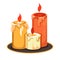 Candles on tray isolated icon, melting wax and flame