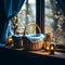 Candles and wicker baskets on the window, vintage cinematic light, Christmas AI generated background