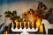 candlestick for seven electric candles on shelf with elements of Christmas decor