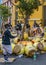 Candombe drummers tempering drums, montevideo, carnival