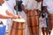 candomble members are playing percussion instruments during the party for yemanja