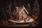 a candy-adorned gingerbread house with trees in the light background