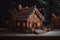 a candy-adorned gingerbread house with trees in the light background