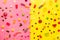 Candy assorted layout. Layout with candy on a yellow-pink background. Chewy marmalade and small caramels . Bright background.