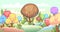 Candy background. Cartoon sweet land. Beads of jelly, ice cream and caramel. Chocolate tree. Cute childrens fairy