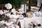 Candy bar. Banquet table full of berries and an assortment of sweets. pie and cake. wedding on the nature.