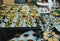 Candy bar and drink reception at wedding. Cupcakes with coctails in wineglasses. Wedding food party