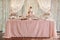 Candy bar and wedding cake. Table with sweets, buffet with cupcakes, candies, dessert