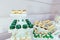 Candy bar. White festive table with deserts, tartlet and cupcakes. Wedding. Reception Tartlets