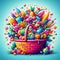 the candy basket is full of colorful items in it, including candi and sweets