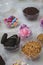 Candy and biscuits party mix, sweets in bowls, children market