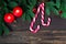 candy cane and candle composition christmas concept top