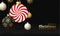 Candy Christmas card. Merry Christmas sweet greeting card. Hang on a thread mint candy lollipop ball as a xmas ball and golden