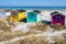 Candy coloured beach hut on Skanor beach in Falsterbo, Skane, Sweden. Swedish tourism concept