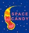Candy comet with a fiery tail flies through outer space. Red candy with stars