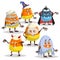 Candy corn in different costumes set. With, Dracula, mummy, ghost and devil. Halloween characters collection. Vector illustration