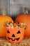 Candy filled halloween pumpkin bucket