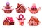 Candy houses set, gingerbread, chocolate cake and cookies, cupcake fantasy buildings